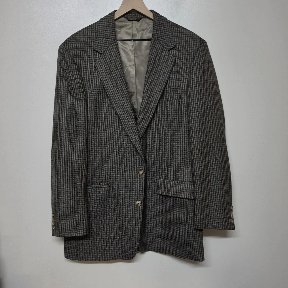 Paul Stuart Wool Tweed Sport Coat Blazer 46L Houndstooth Overcheck‎ USA Vintage